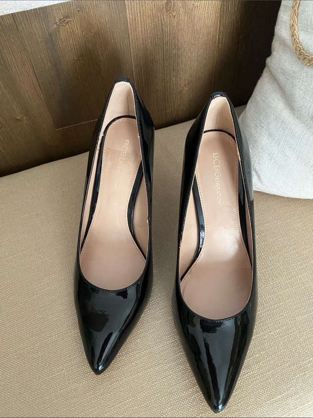 BCBGeneration Black Patent Pointed Toe Heels